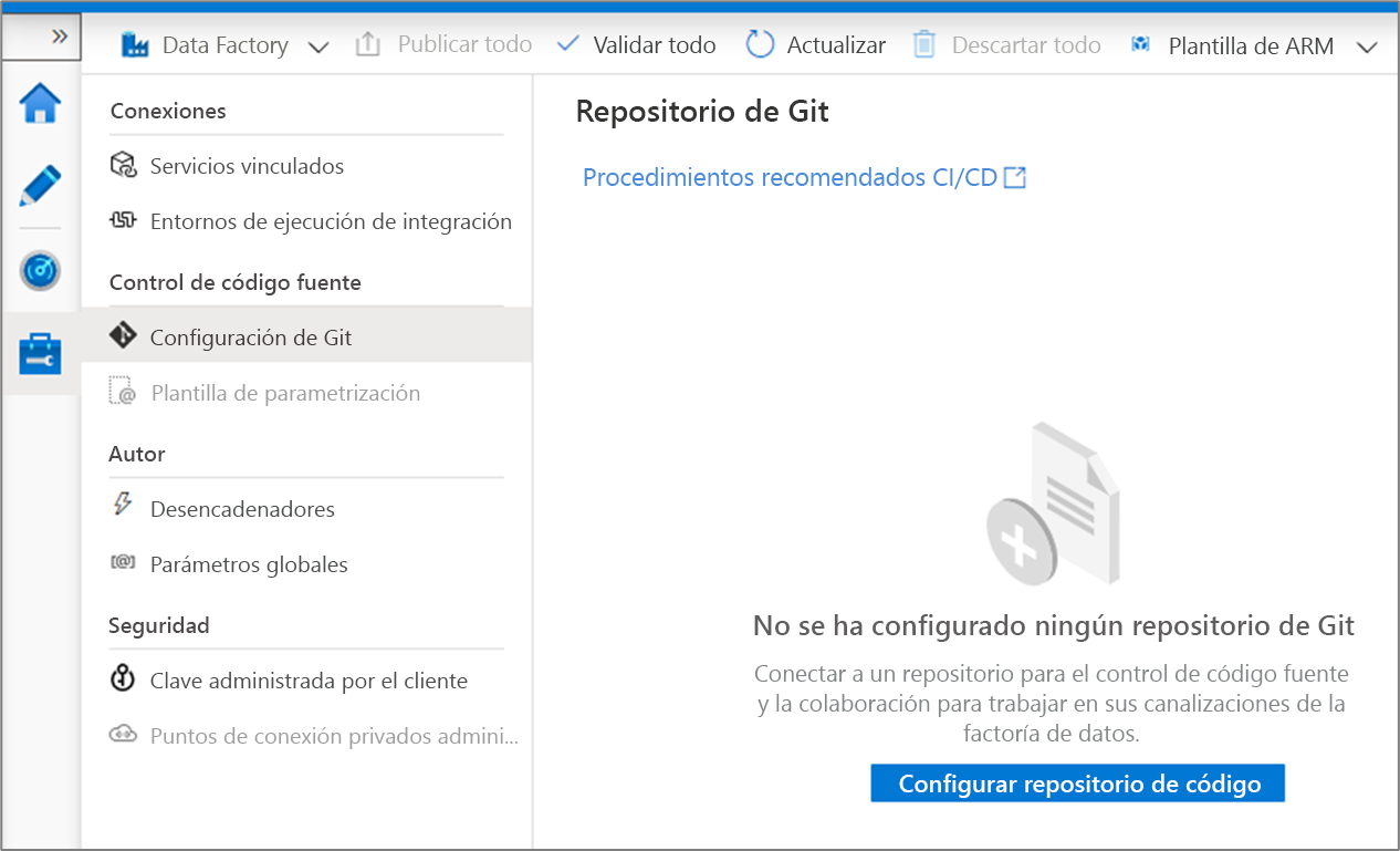 Configuración del repositorio de código en el centro de administración