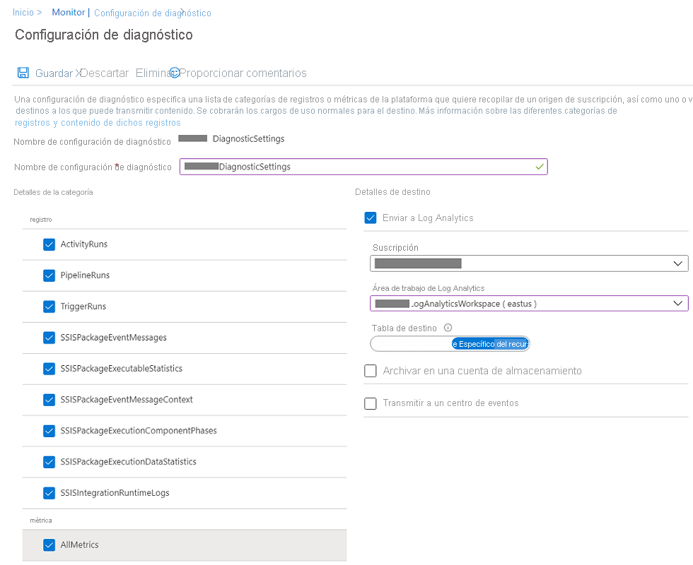 Name your settings and select a log-analytics workspace