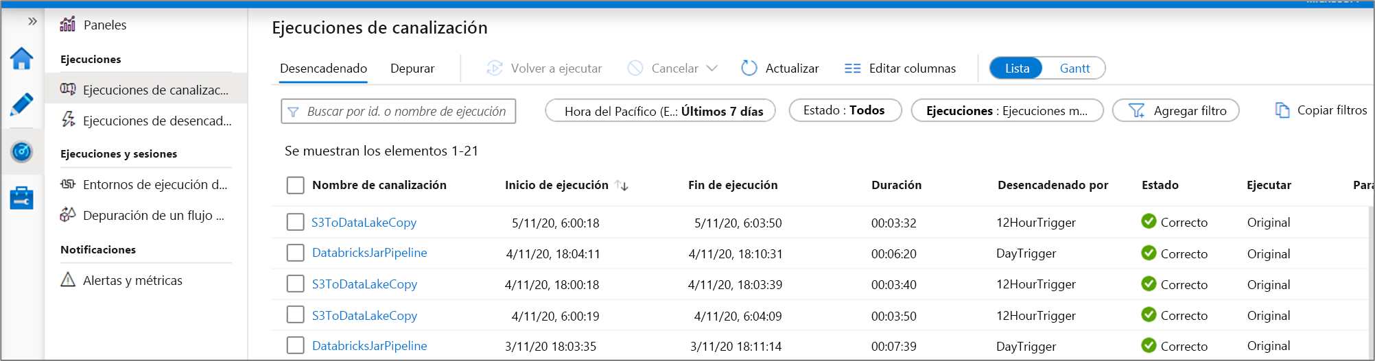 List view for monitoring pipeline runs