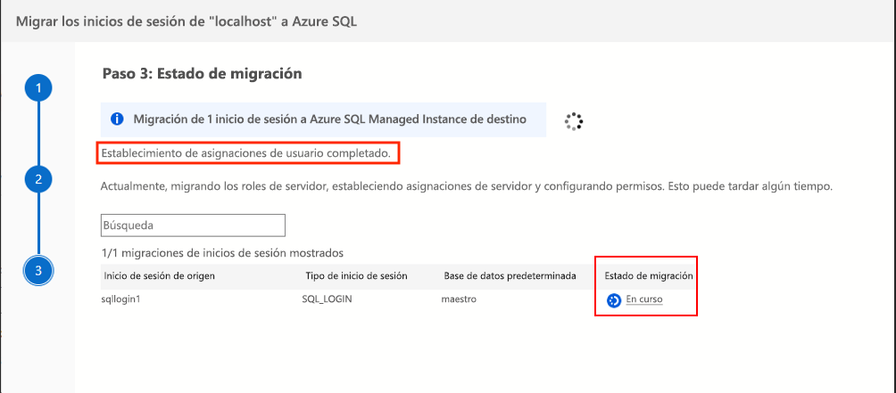 Captura de pantalla en la que se muestra el estado de la migración de inicios de sesión en Azure Data Studio.