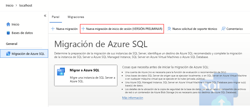 Captura de pantalla en la que se muestra la nueva opción de migración de inicios de sesión en Azure Data Studio. 