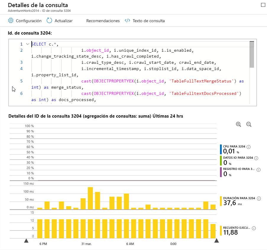 Screenshot of the details of Query ID 3204 in Query Performance Insight.