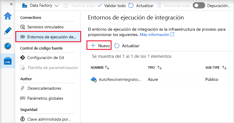 Creación de una instancia de Integration Runtime