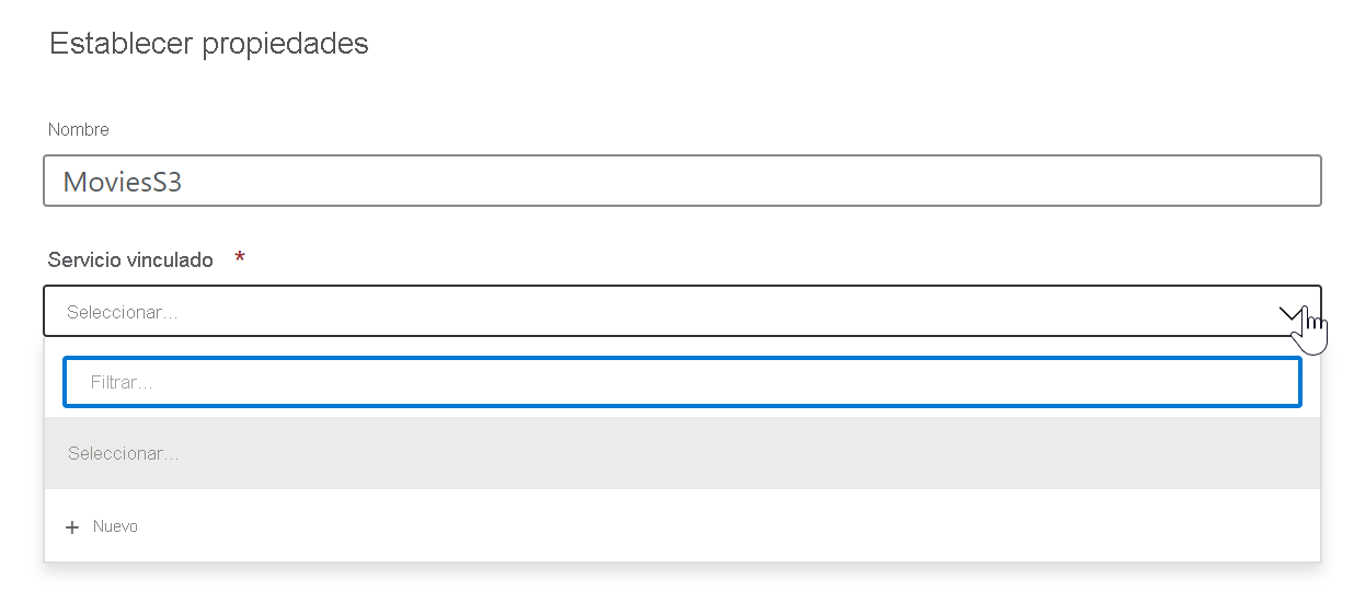 Screenshot that shows the Set Properties window, with filter highlighted under Linked service.