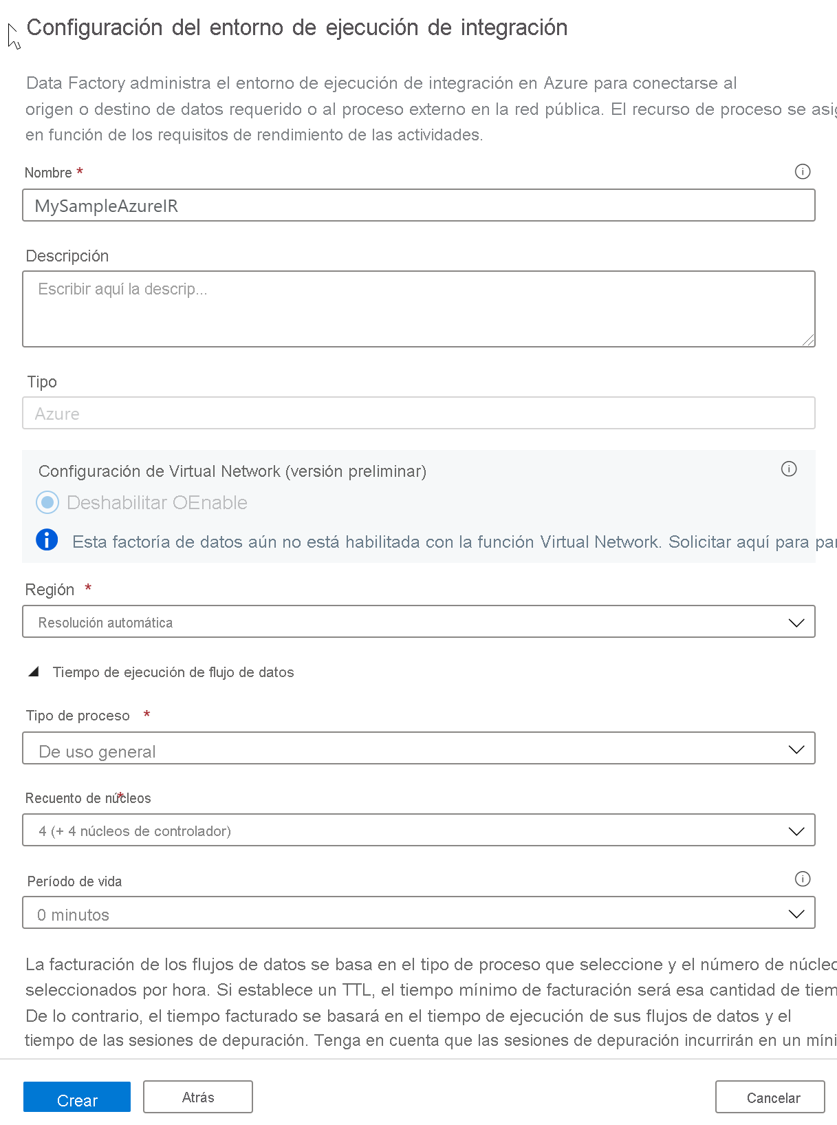 Finalización de la creación de una instancia de Azure IR