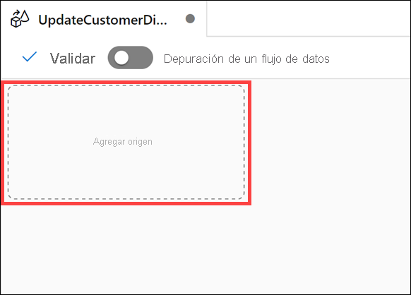 El botón Agregar origen se resalta en el lienzo del flujo de datos.