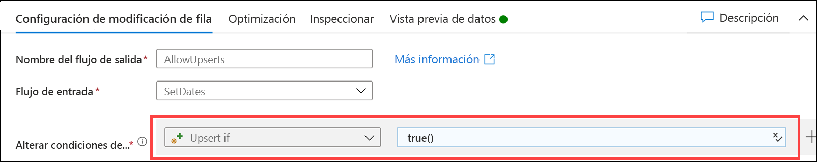 El formulario de configuración de Alter row (Modificar fila) se configura como se describe.