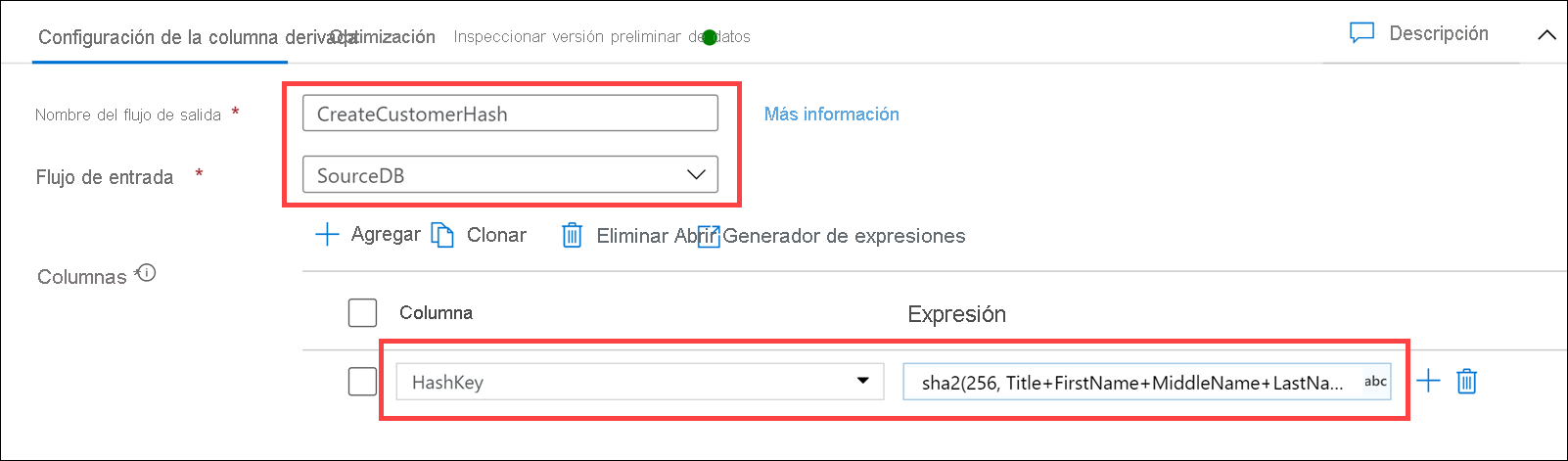 El formulario de configuración de la columna derivada se configura como se describe.