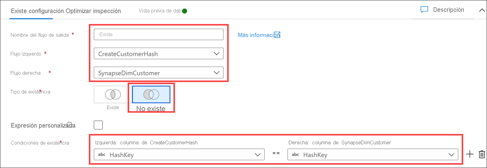 El formulario de configuración de Existe se configura como se describe.