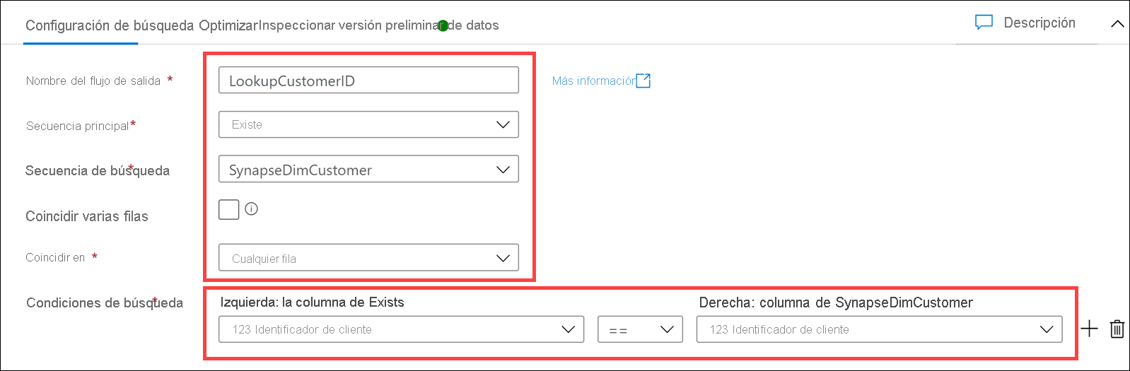 El formulario de configuración de búsqueda se configura como se describe.