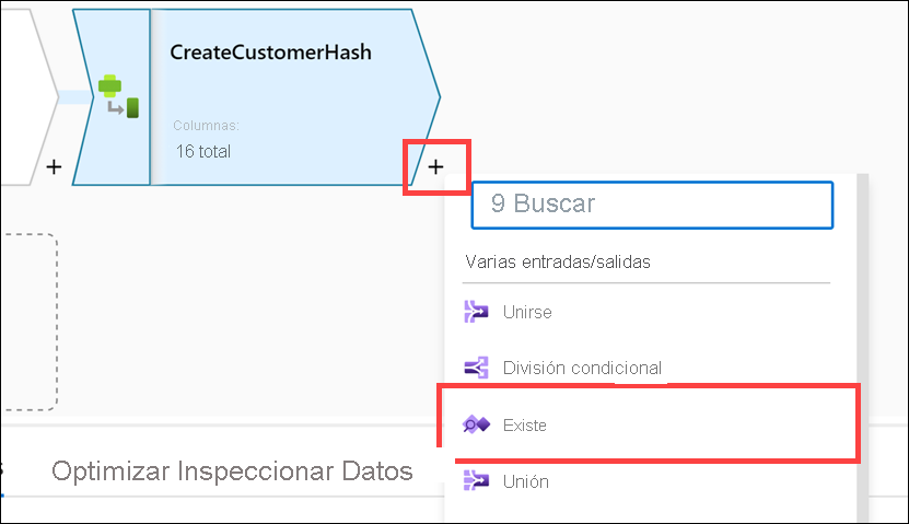 El botón más y el elemento de menú Existe están resaltados.