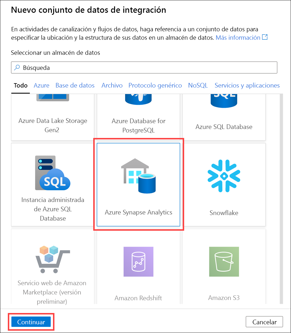 Azure SQL Database y el botón Continuar están resaltados.