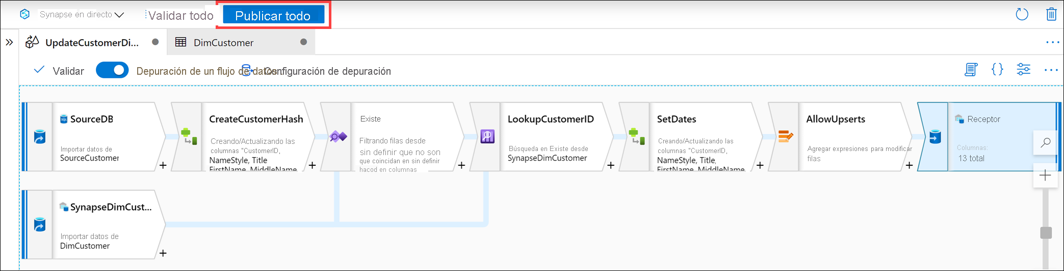 Se muestra el flujo de datos completado y se resalta Publicar todo.