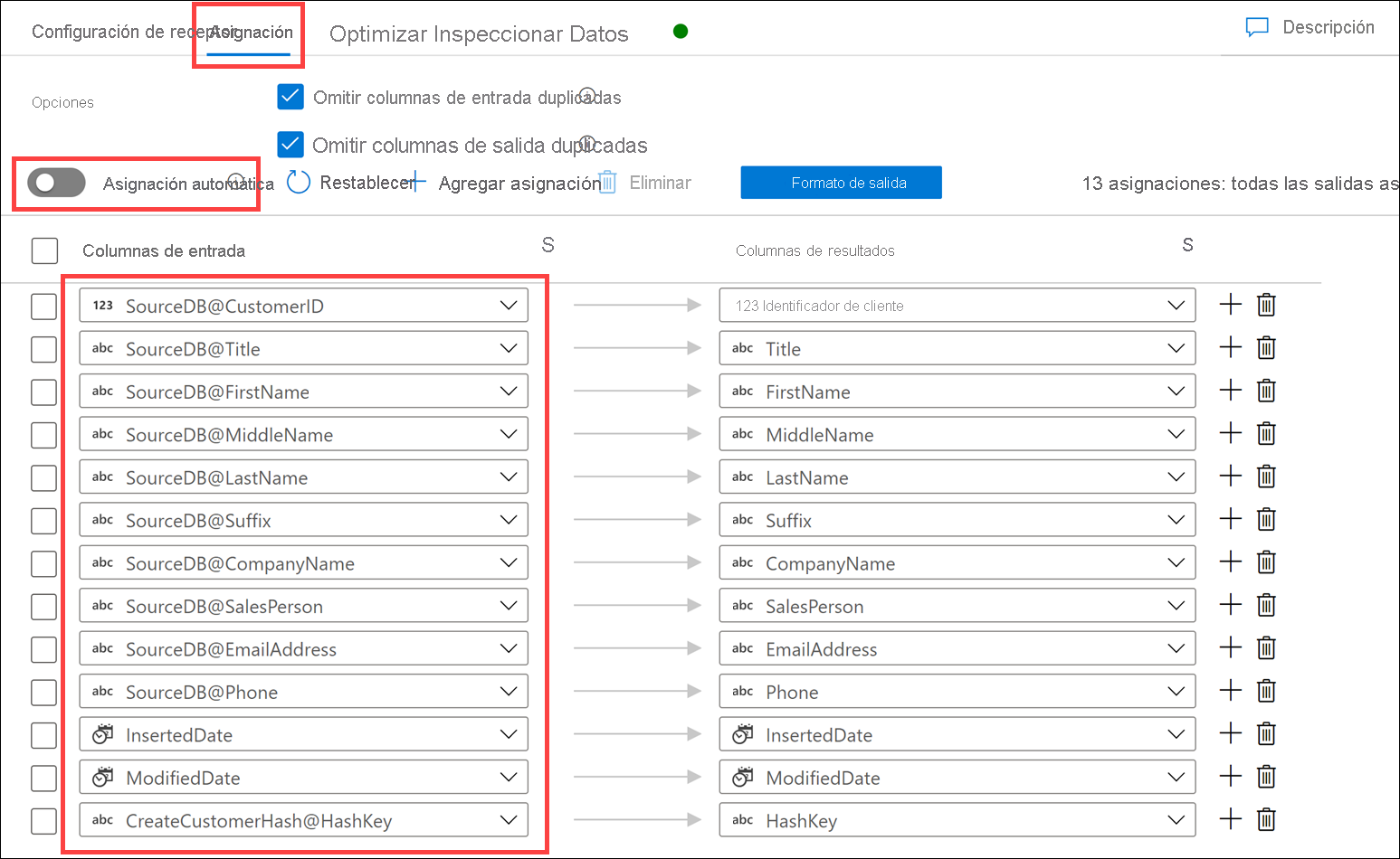 Las opciones de asignación se configuran como se describe.