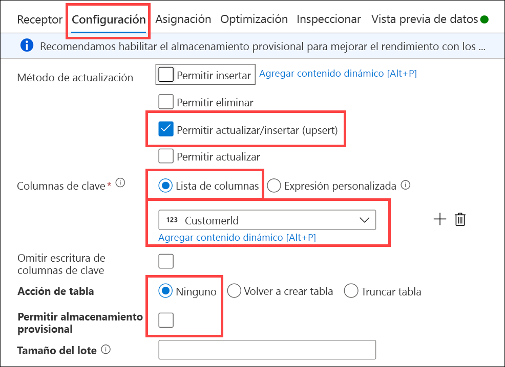 Las opciones del receptor se configuran como se describe.