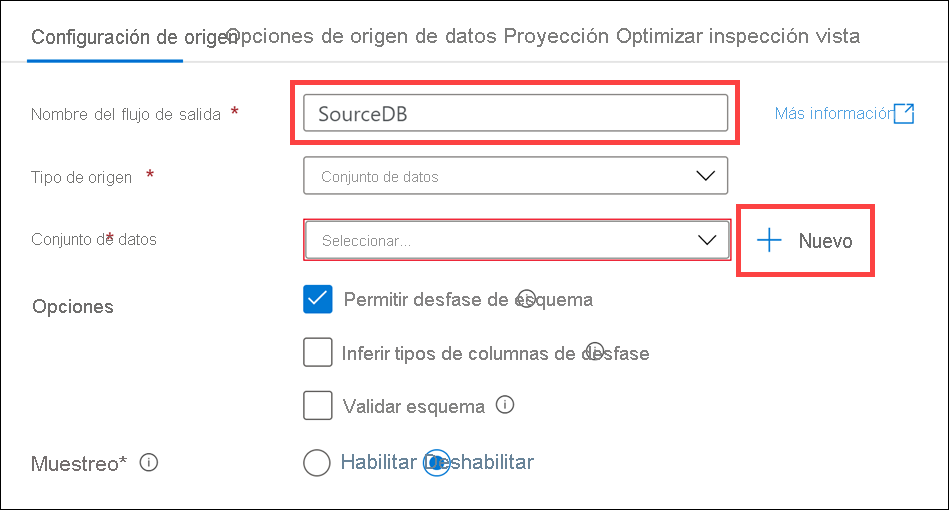 El botón Nuevo se resalta junto a Conjunto de datos.