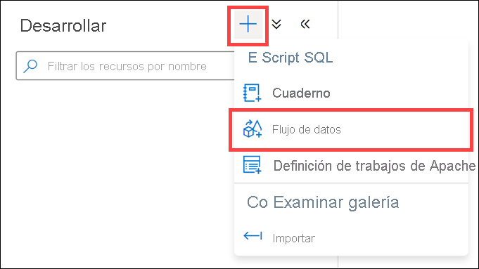 El botón más y el elemento de menú de flujo de datos están resaltados.