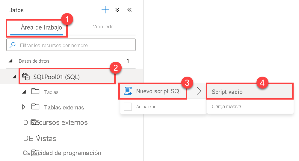 El centro de datos se muestra con los menús contextuales para crear un script SQL.