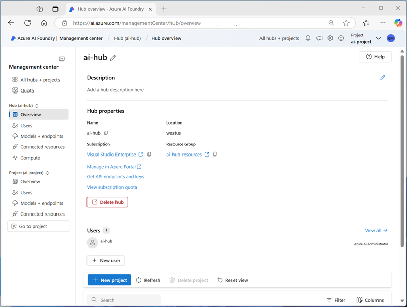 Screenshot of a hub in the Azure AI Foundry portal.