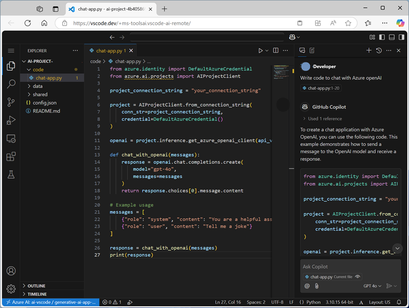 Screenshot of a Visual Studio Code container running in a web browser.