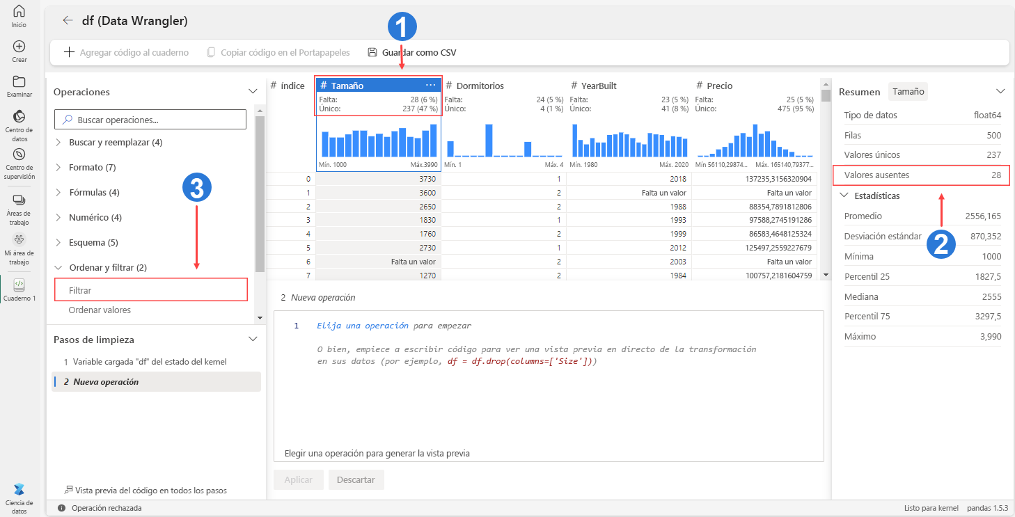 Captura de pantalla de cómo comprobar la información de datos que faltan en Data Wrangler