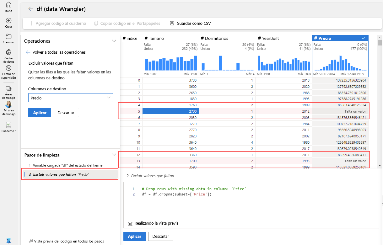 Captura de pantalla de cómo quitar filas con valores que faltan en las columnas de destino en Data Wrangler