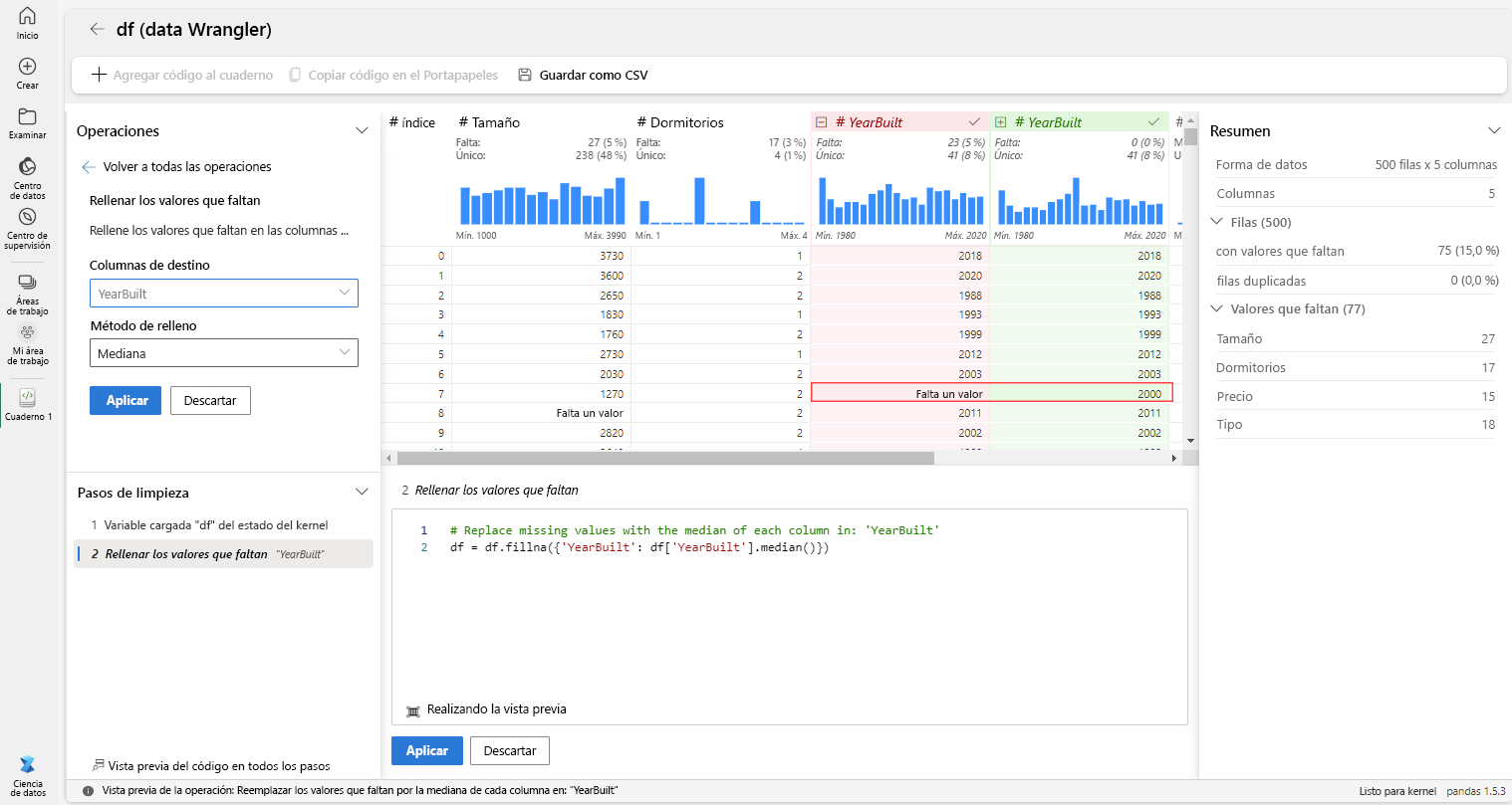 Captura de pantalla de cómo imputar los valores que faltan en las columnas de destino mediante la mediana en Data Wrangler