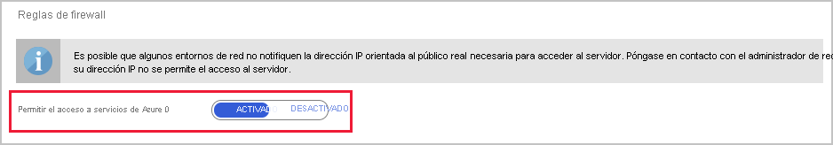 Image highlighting the Allow access to Azure services action setting in the firewall configuration for Azure Database for MySQL or PostgreSQL