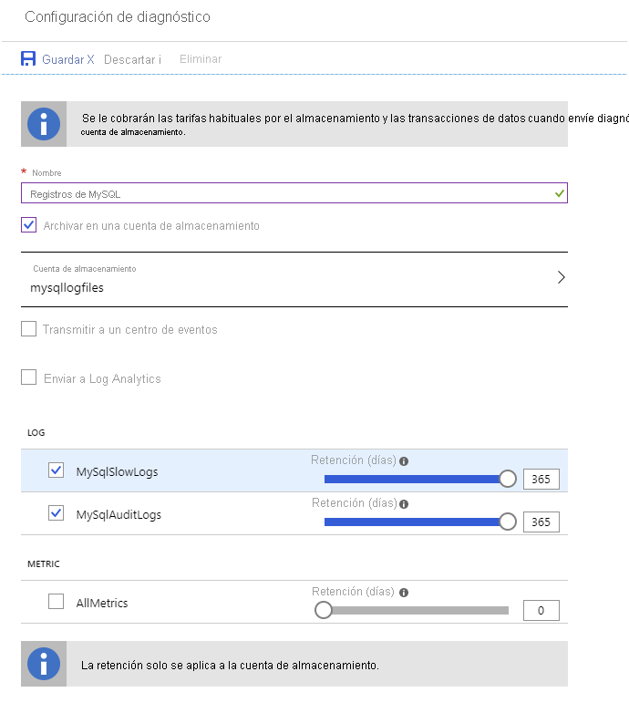 Image of the Diagnostic settings page for Azure Database for MySQL.