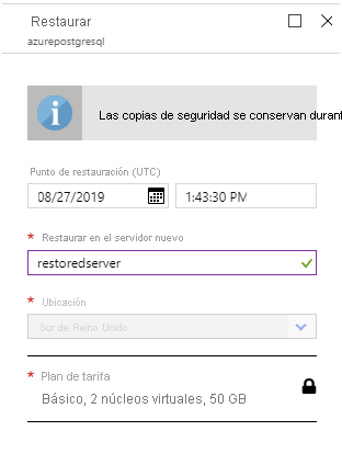 Image showing the point-in-time restore page for Azure Database for MySQL or PostgreSQL