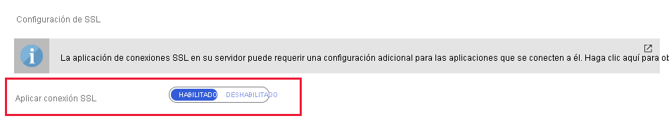 Image highlighting the Enforce SSL connection setting on the Connection security page for Azure Database for MySQL or PostgreSQL