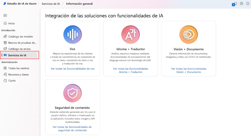 Captura de pantalla de la página de inicio de Estudio de IA de Azure de Microsoft.