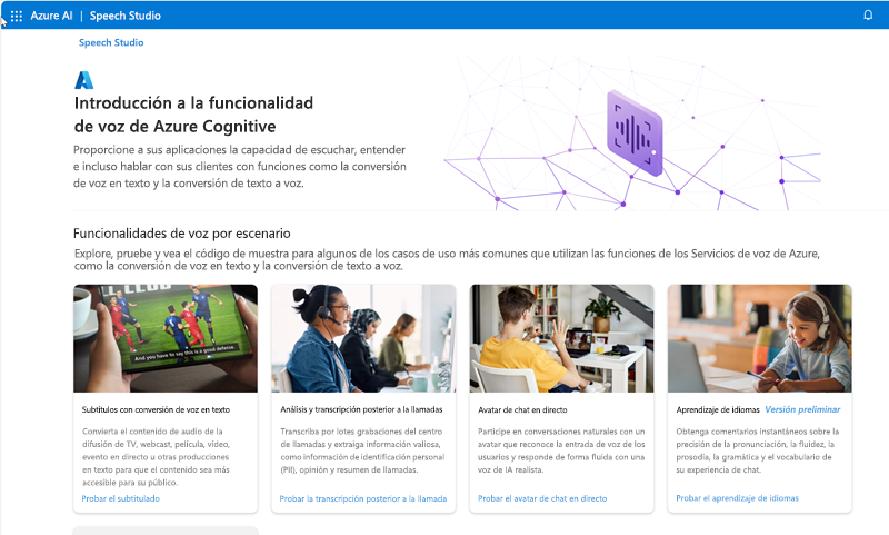 Captura de pantalla de la página de inicio de Speech Studio de Microsoft.