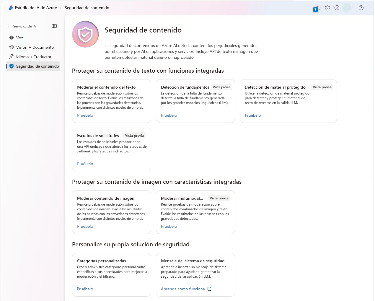 Captura de pantalla de estudio de seguridad de contenidos en Estudio de IA de Azure.