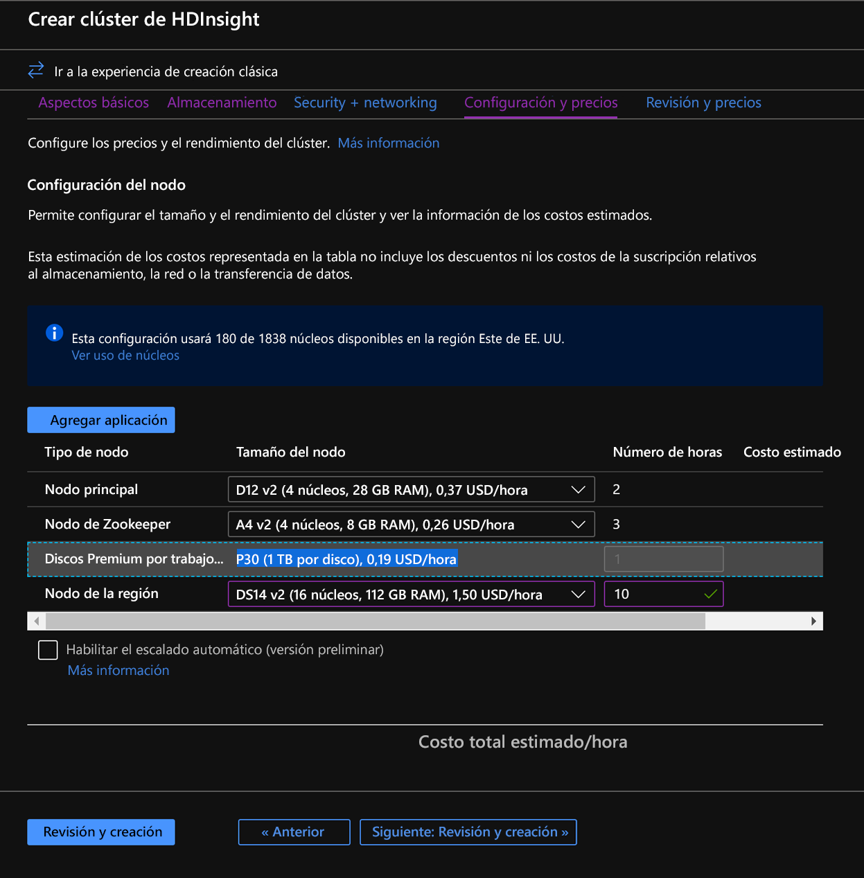 Configuring nodes in Azure HDInsight in the Azure Portal.