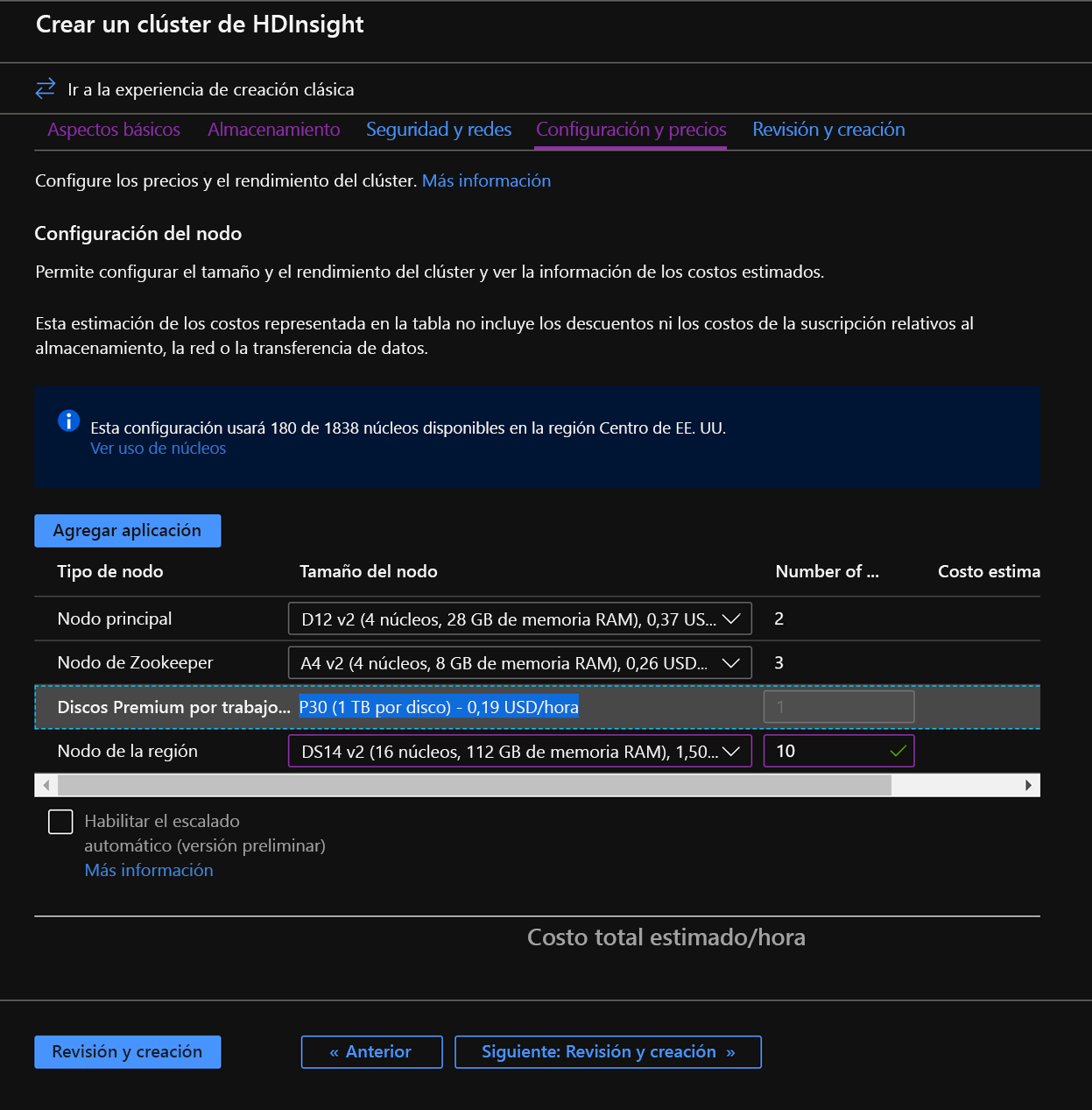 Configuración de nodos en la pantalla Crear clúster de HDInsight.