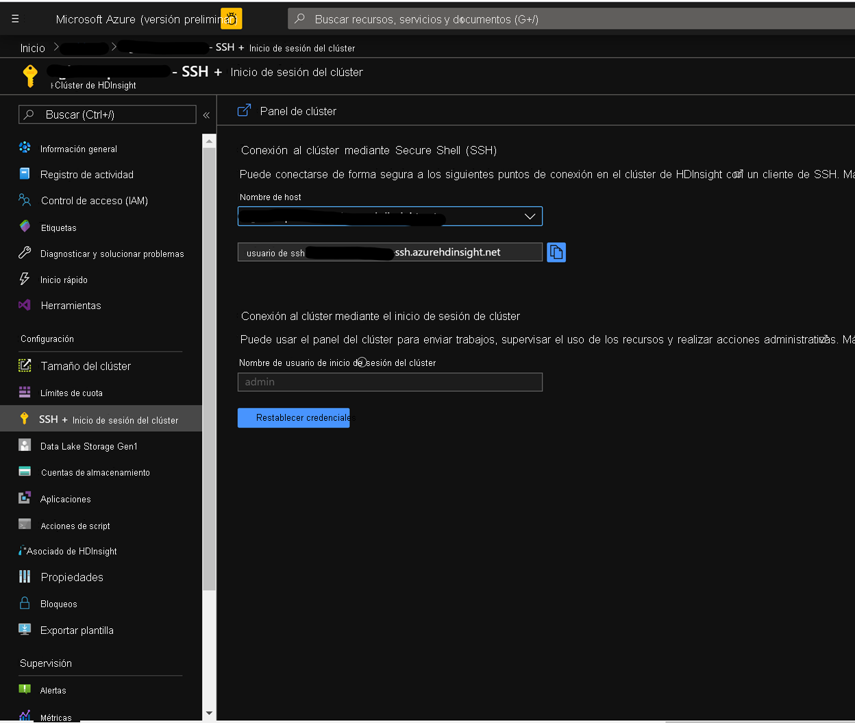 Connecting to the Azure HDInsight cluster in the Azure Portal.