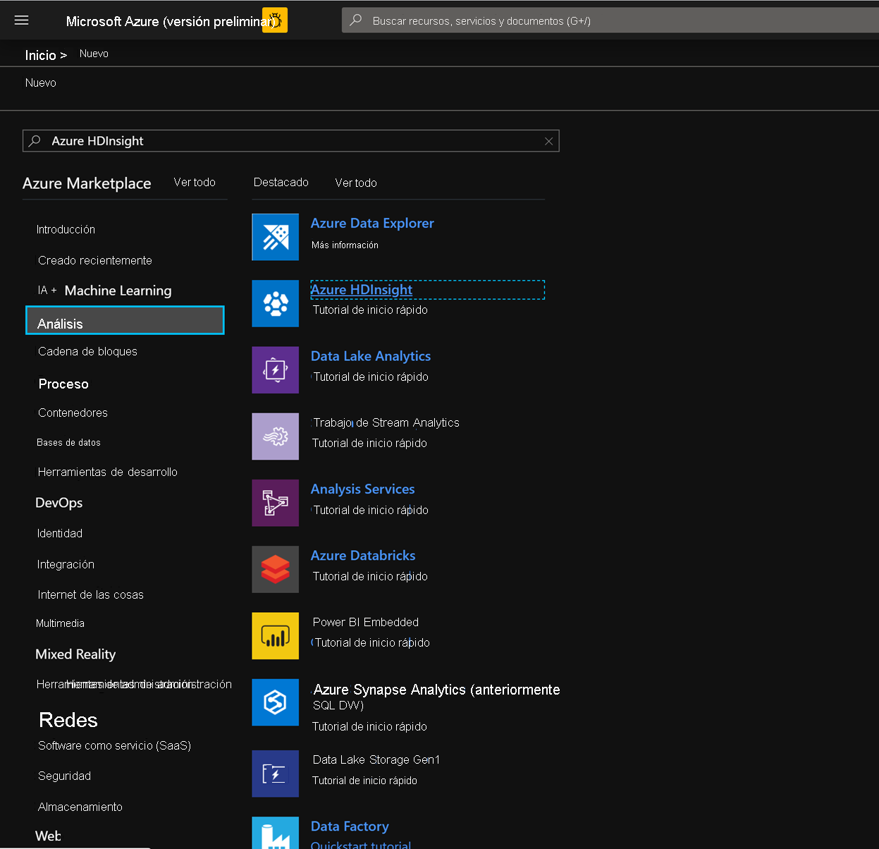 Screenshot shows Azure H D insight highlighted in Analytics in the Azure Marketplace.