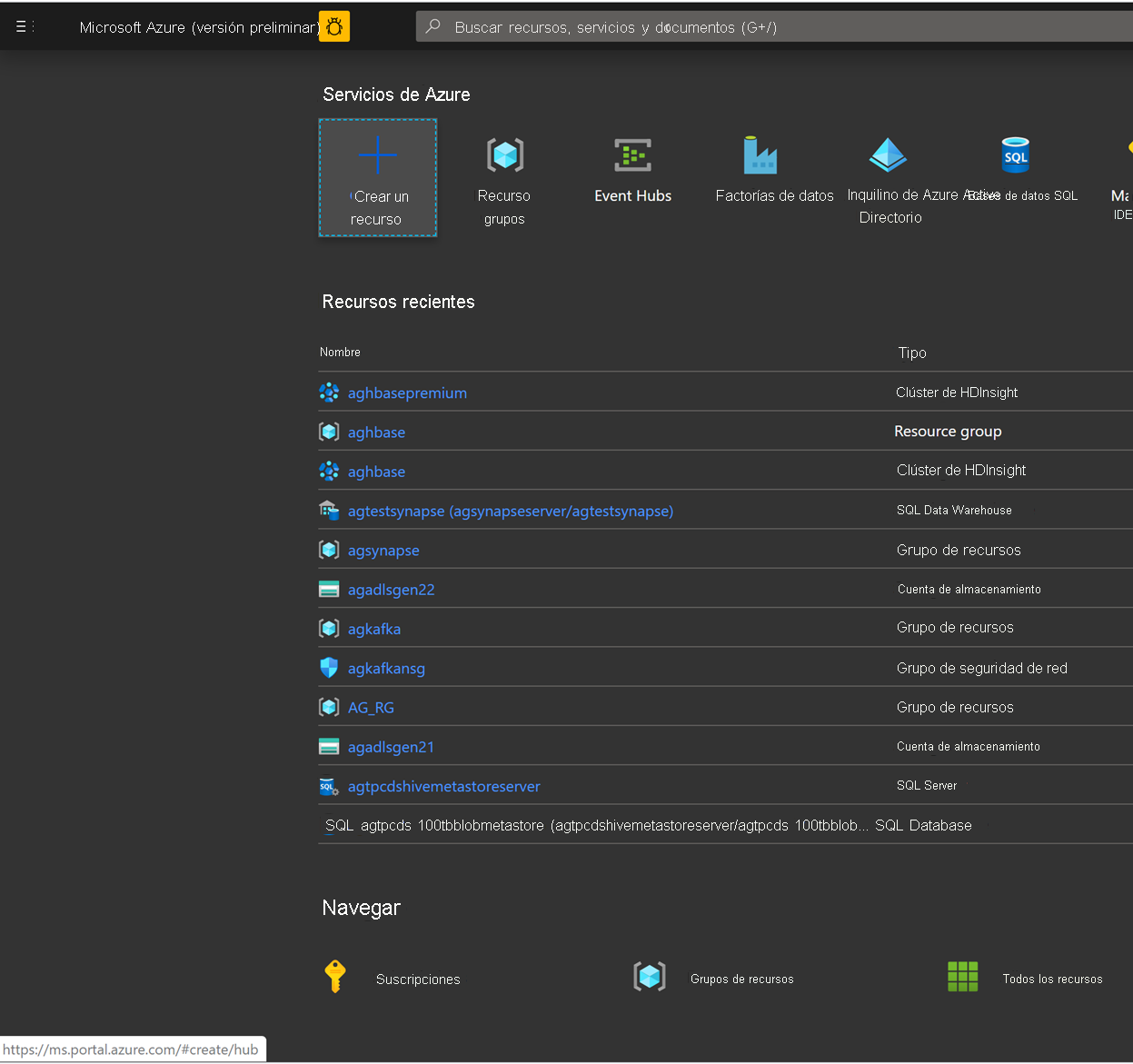 Creación de un recurso en Azure Portal.