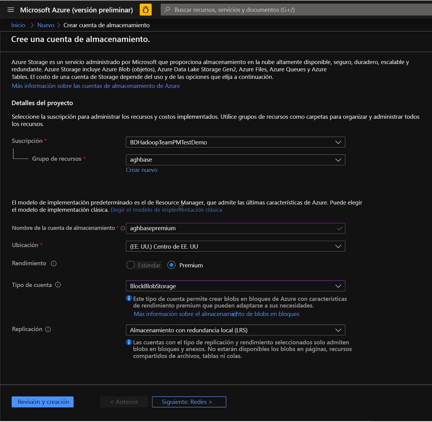 Create storage account screen in the Azure Portal.