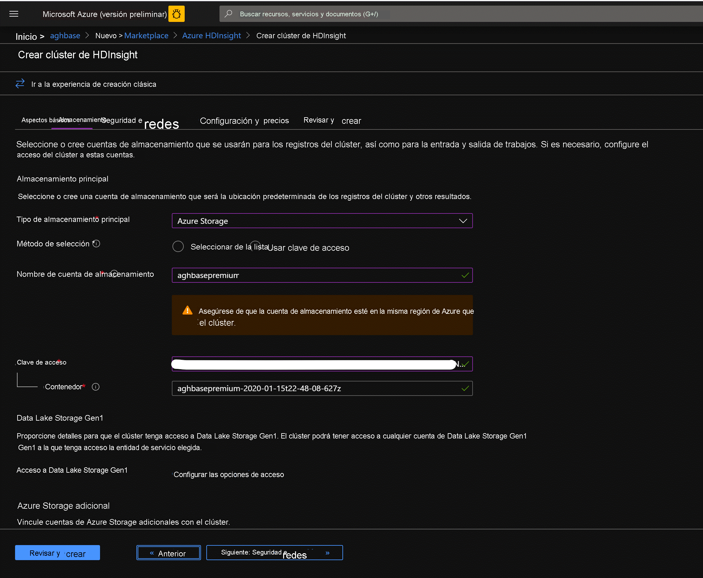 Define Storage settings for Azure HDInsight in the Azure Portal.