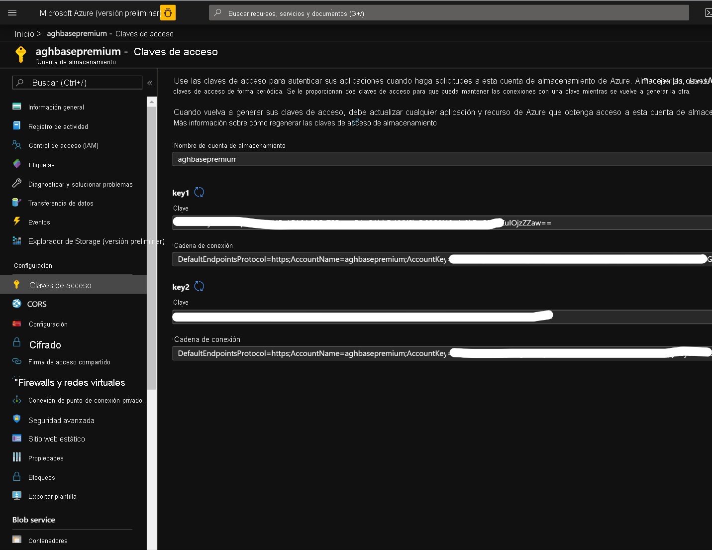 Pantalla de claves de acceso de la cuenta de almacenamiento en Azure Portal.