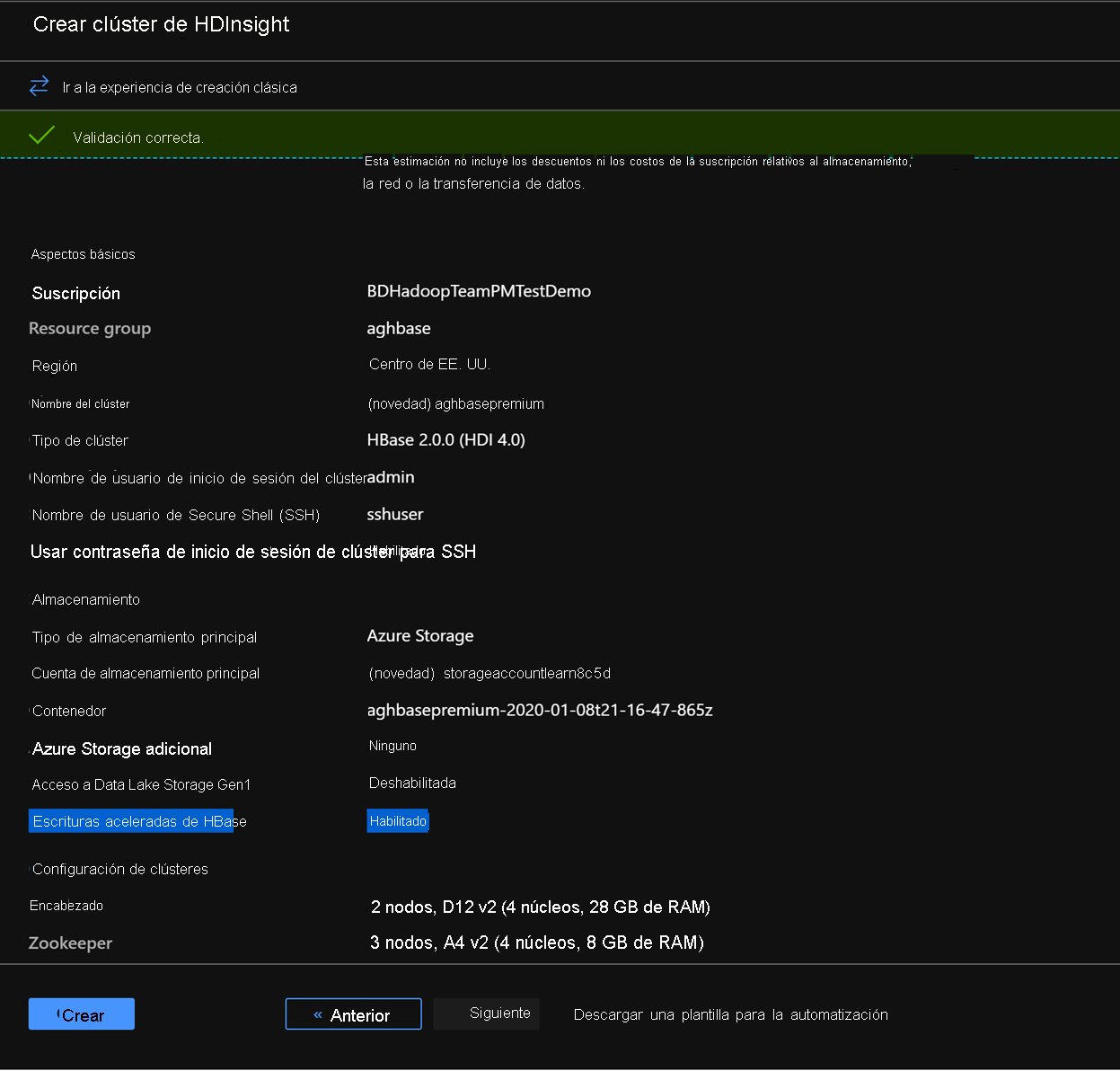 Azure HDInsight validation in the Azure Portal.