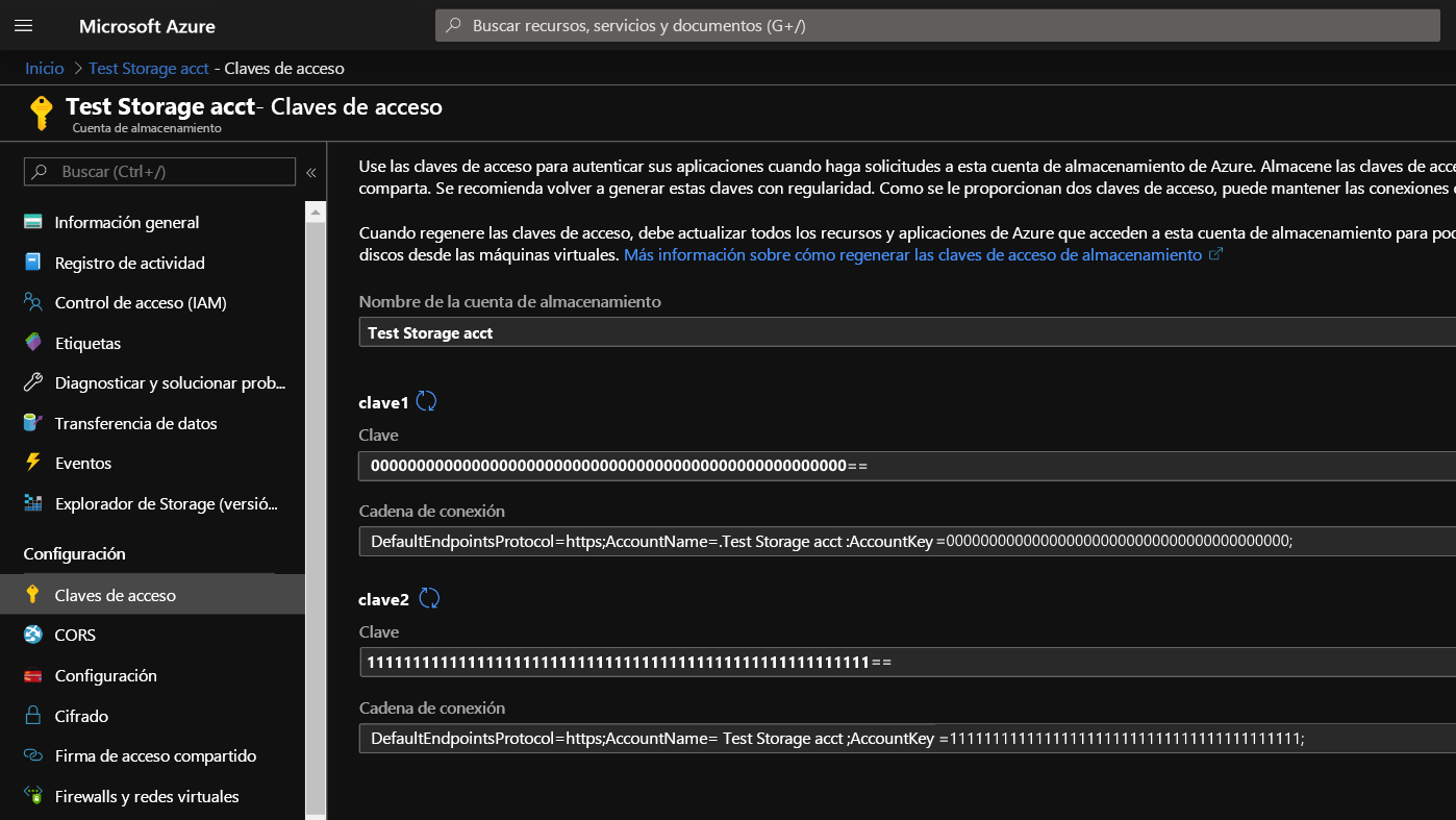 Storage account Access Keys in the Azure Portal.