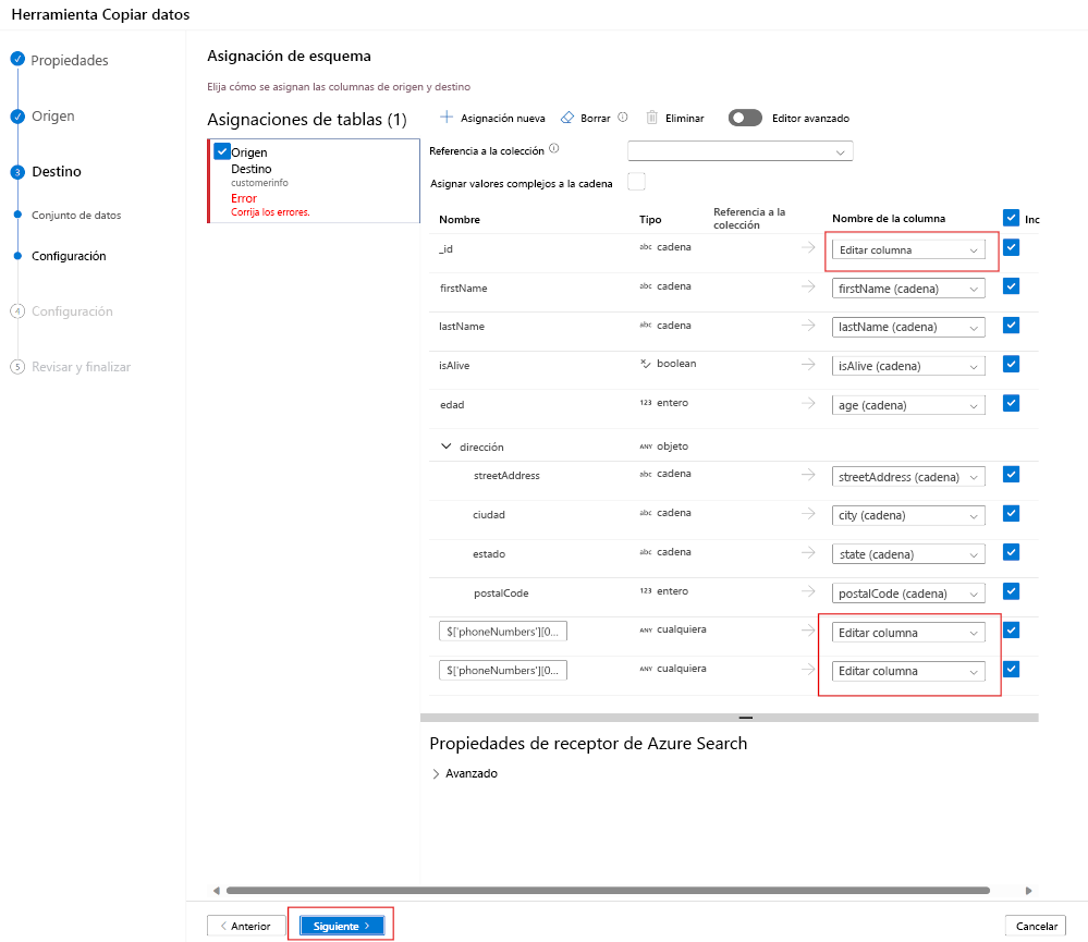 A screenshot of the schema mapping pane.