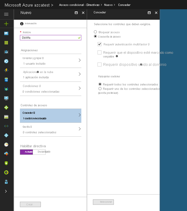 Selección de controles de acceso en una directiva de acceso condicional en Azure Portal.