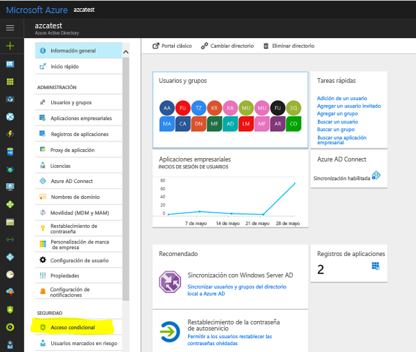 Acceso condicional en Azure Portal.