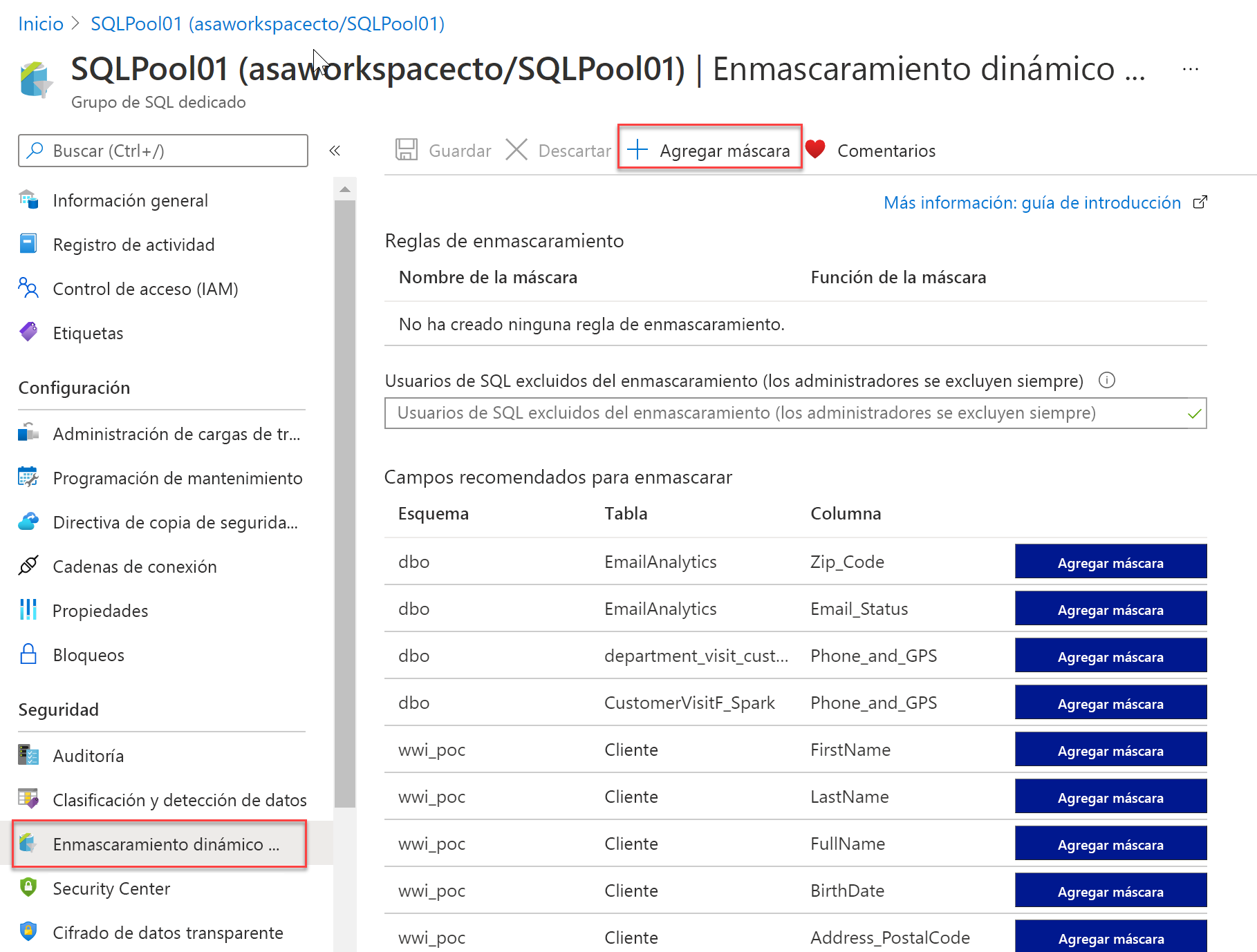 Enmascaramiento dinámico de datos en Azure Synapse Analytics