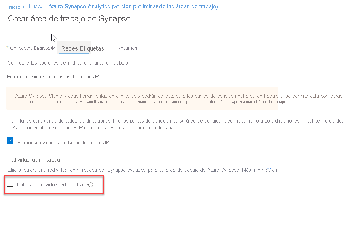 Habilitación de una red virtual administrada mientras se crea un área de trabajo de Azure Synapse.