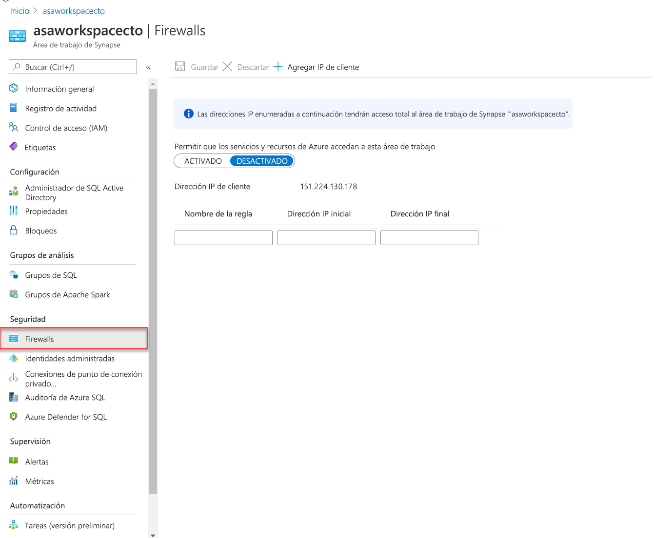 Configuración de opciones de firewall en Azure Portal.